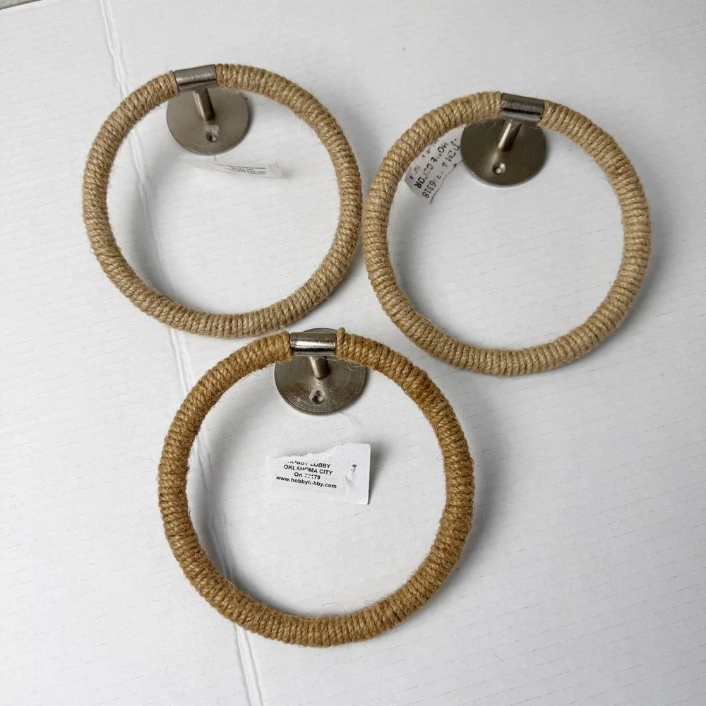 New Hobby Lobby Jute Rope Towel Rings Set of 3 Nautical Coastal Silver Mounting